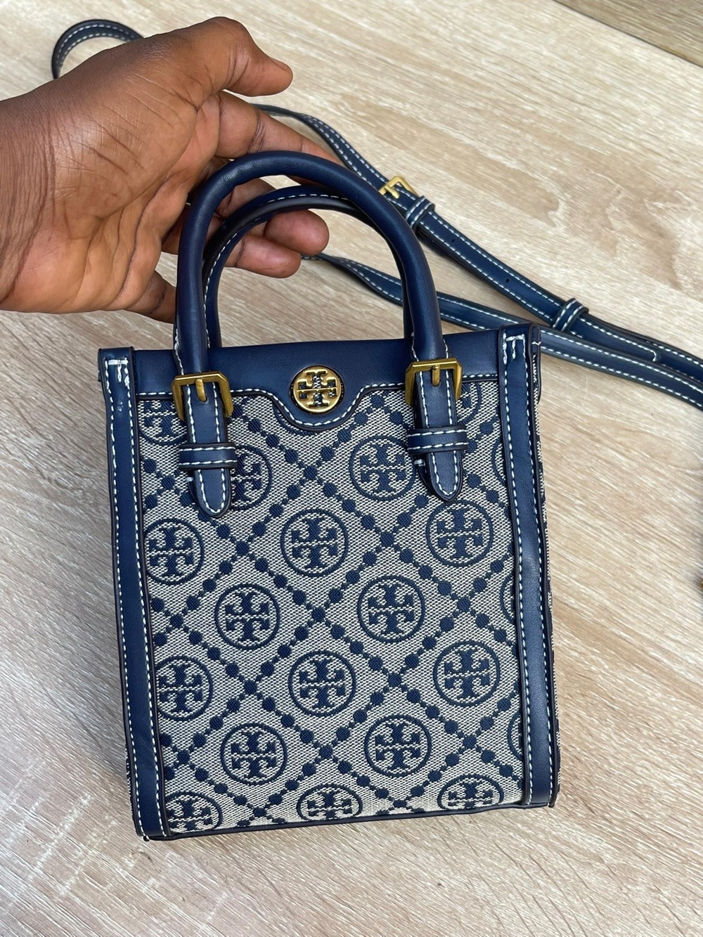 Tory Burch Navy Logo Jacquard Mini Tote